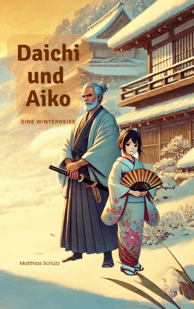 Buchcover mit Daichi, dem alten Samurai, und Aiko, dem jungen Mädchen, im winterlichen Japan vor einem traditionellen Gebäude