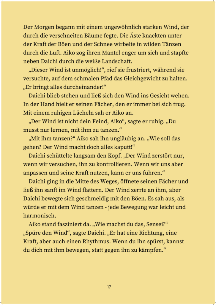 Textseite aus dem Buch „Daichi & Aiko“, in der Aiko das Gleichgewicht mit dem Wind lernt und Daichi ihr erklärt, wie man mit der Natur arbeitet