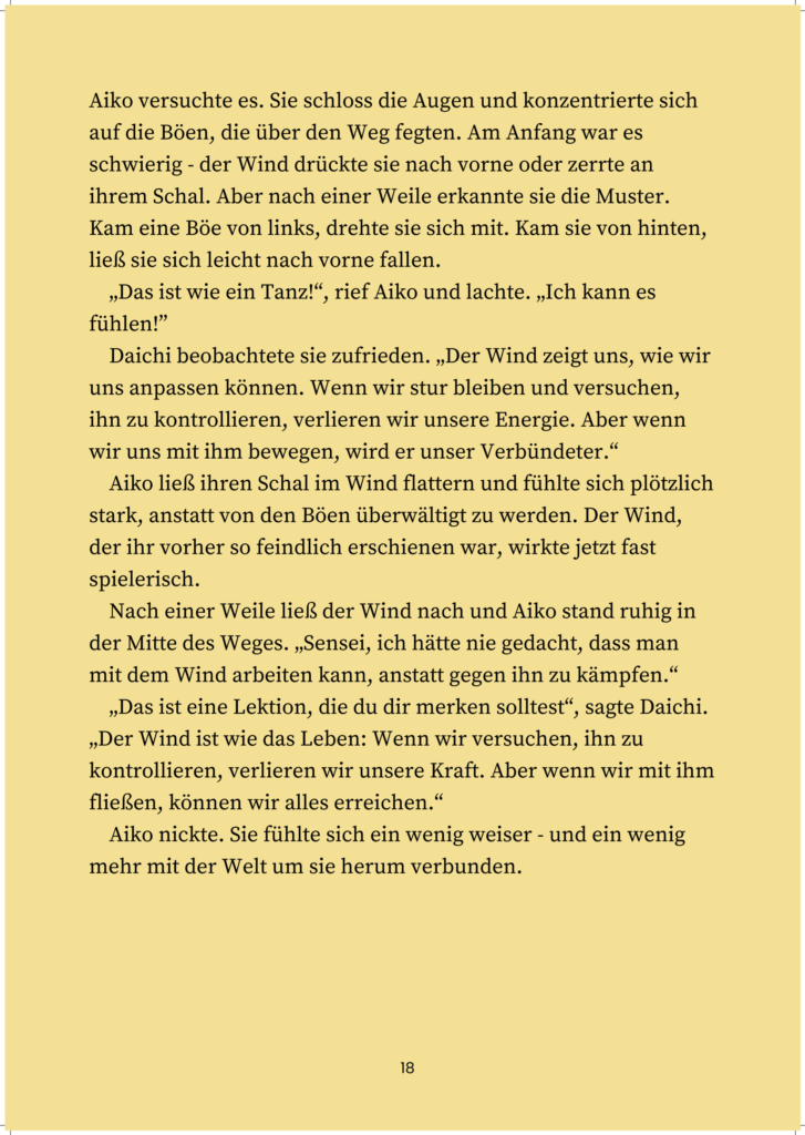 Zweite Buchseite aus „Daichi & Aiko“, die Aikos tiefere Verbindung zum Wind und zur Welt beschreibt